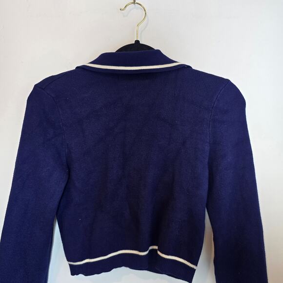 Willow & Wind Cropped Polo Sweater Size M Navy White Trim Collared Preppy - Picture 5 of 7
